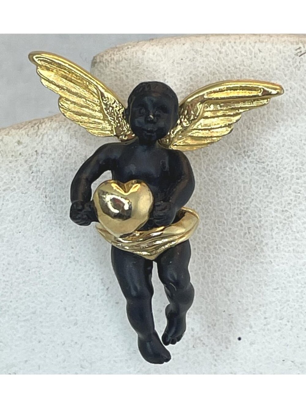 1990s Coreen Simpson Black Cherub Cupid Holding Heart Brooch, Signed